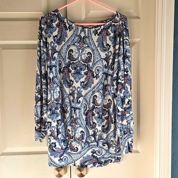 NWOT Boston Proper Paisley Blouson Long Sleeved open Arm Blouse. LARGE. Blue - Picture 1 of 13
